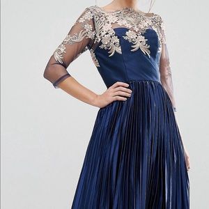 ASOS Navy Metallic Gold Pleated Maxi Dress